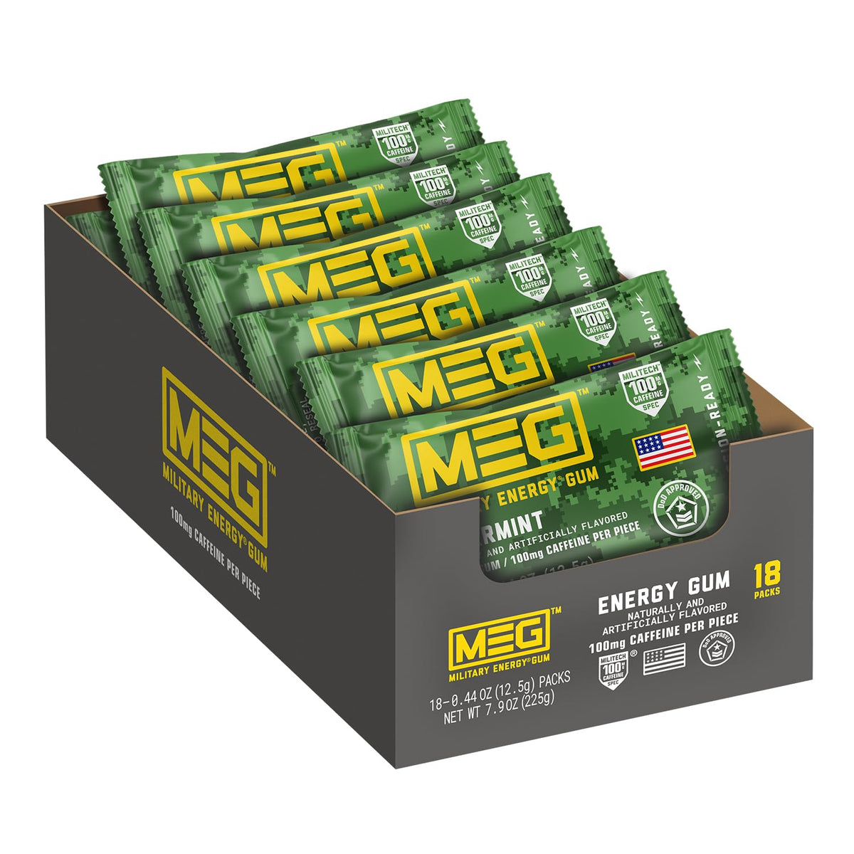MEG Spearmint Energy Gum pack-18 offers a quick caffeine boost for workouts.