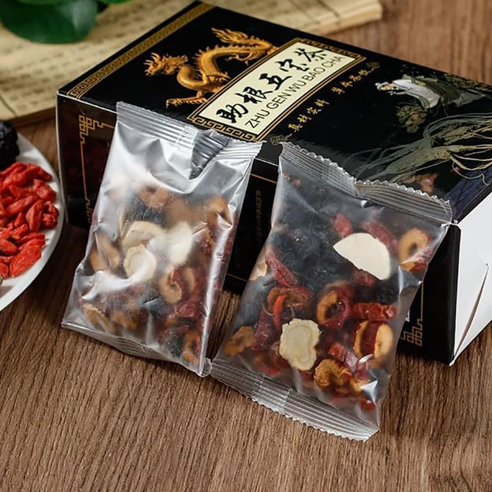 Megacephalus Six Treasure Tea label highlights natural ingredients and traditional formula.