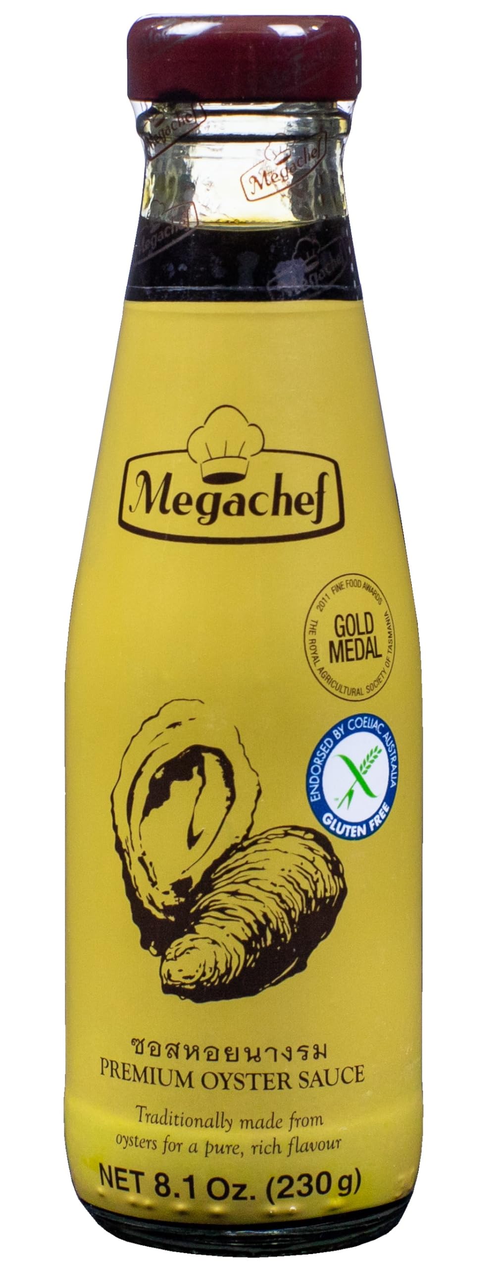 Megachef Thai Premium Oyster Sauce bottle being poured for rich umami in stir-fries