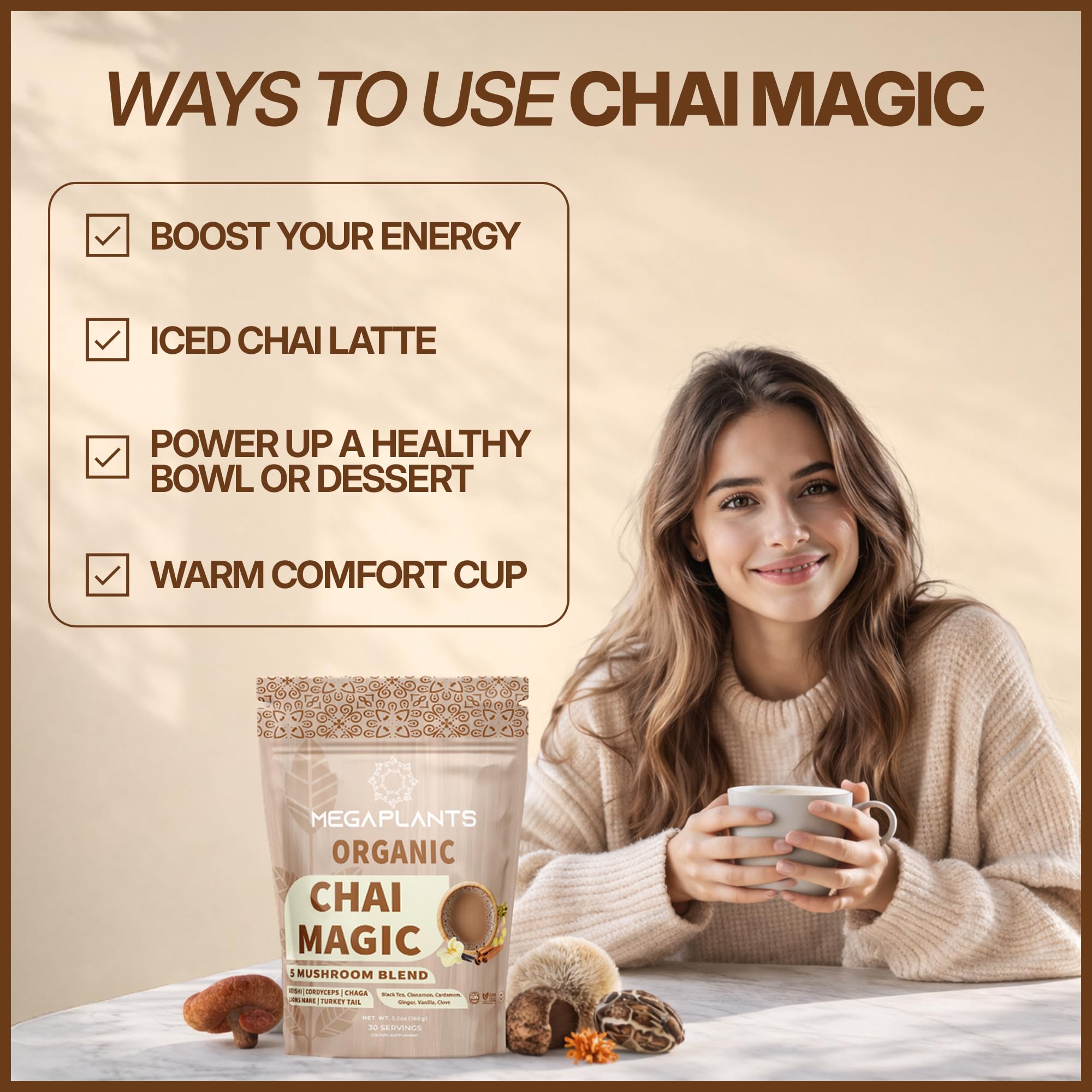 MEGAPLANTS Chai Magic poured into milk or smoothie for a nourishing boost