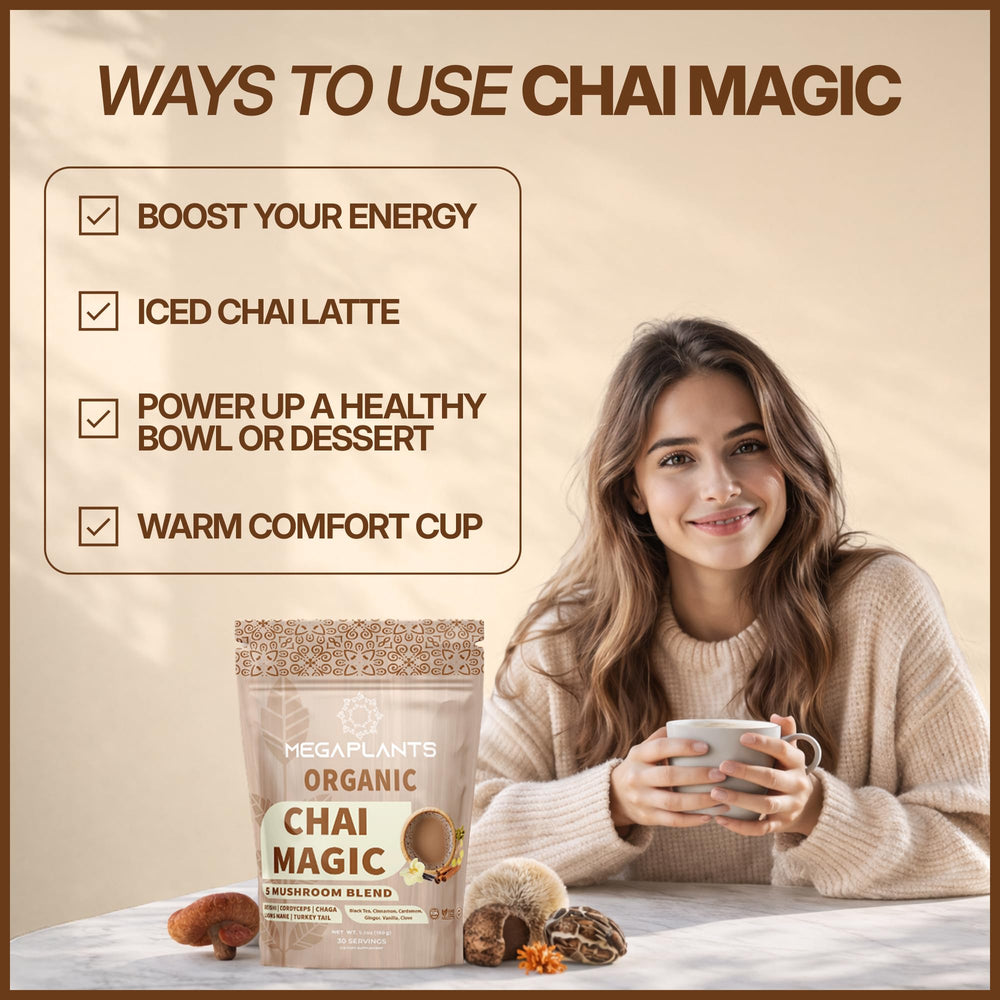 MEGAPLANTS Chai Magic poured into milk or smoothie for a nourishing boost