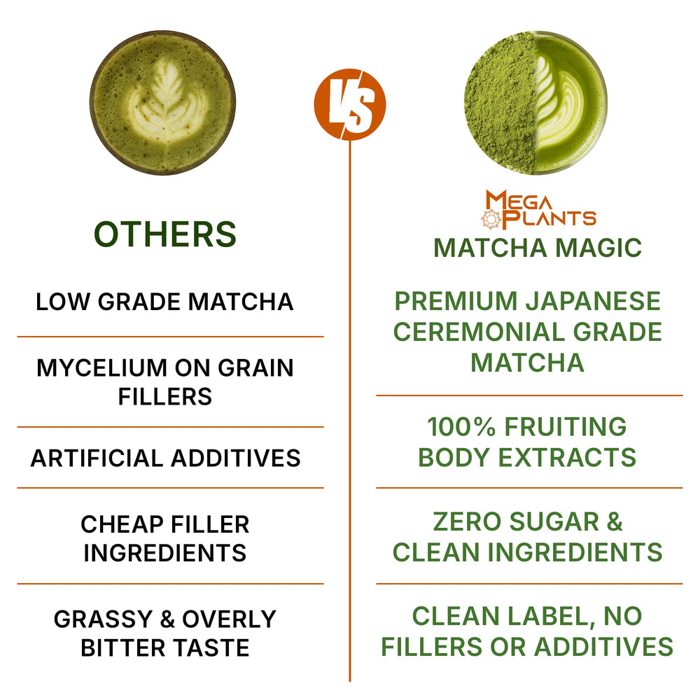 MEGAPLANTS Mushroom Matcha Magic bottle on counter with label