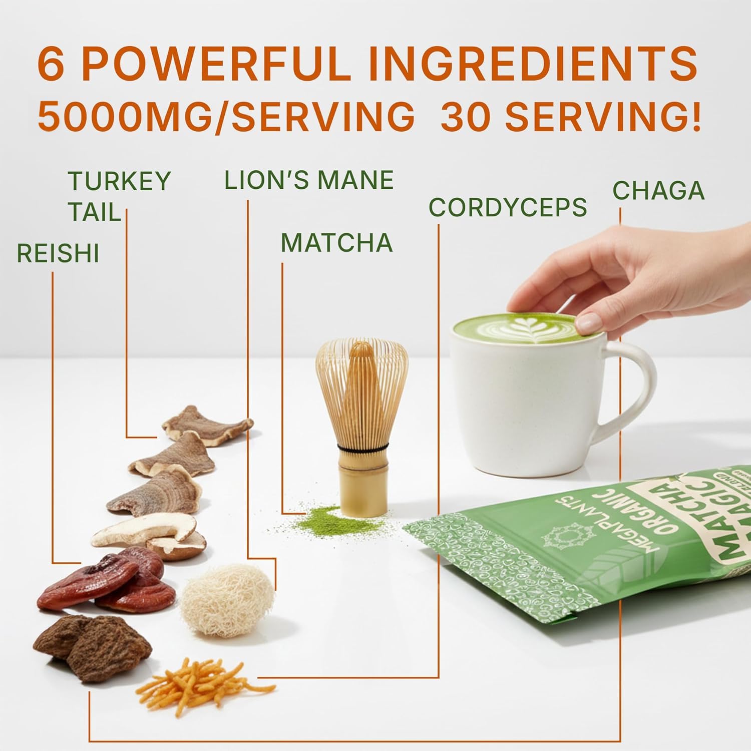 MEGAPLANTS Mushroom Matcha Magic cup with steaming jade-green drink for focus