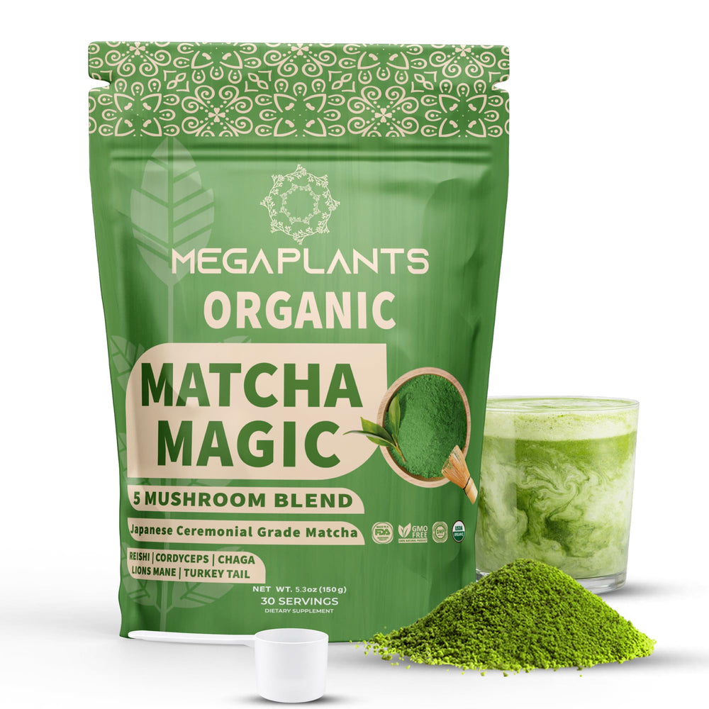 MEGAPLANTS Mushroom Matcha Magic packshot showing premium ceremonial matcha blend
