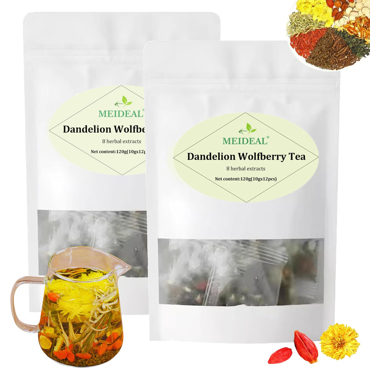 Meideal dandelion-wolfberry tea bags deliver caffeine-free herbal refreshment.