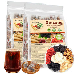 Meideal ginseng five treasures tea bag closeup showing natural ingredients and calming aroma.