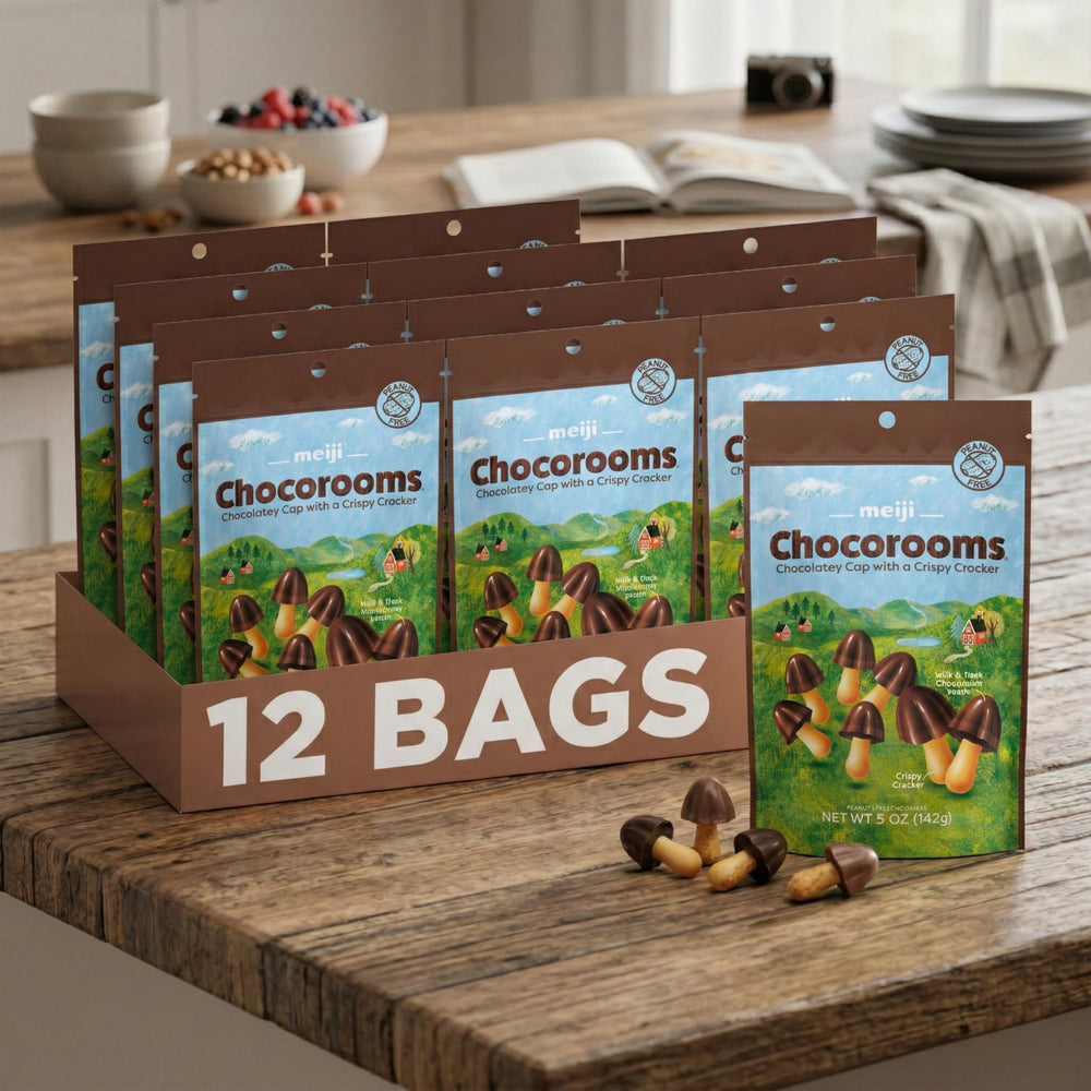 Meiji Chocorooms brand packaging emphasizing premium quality