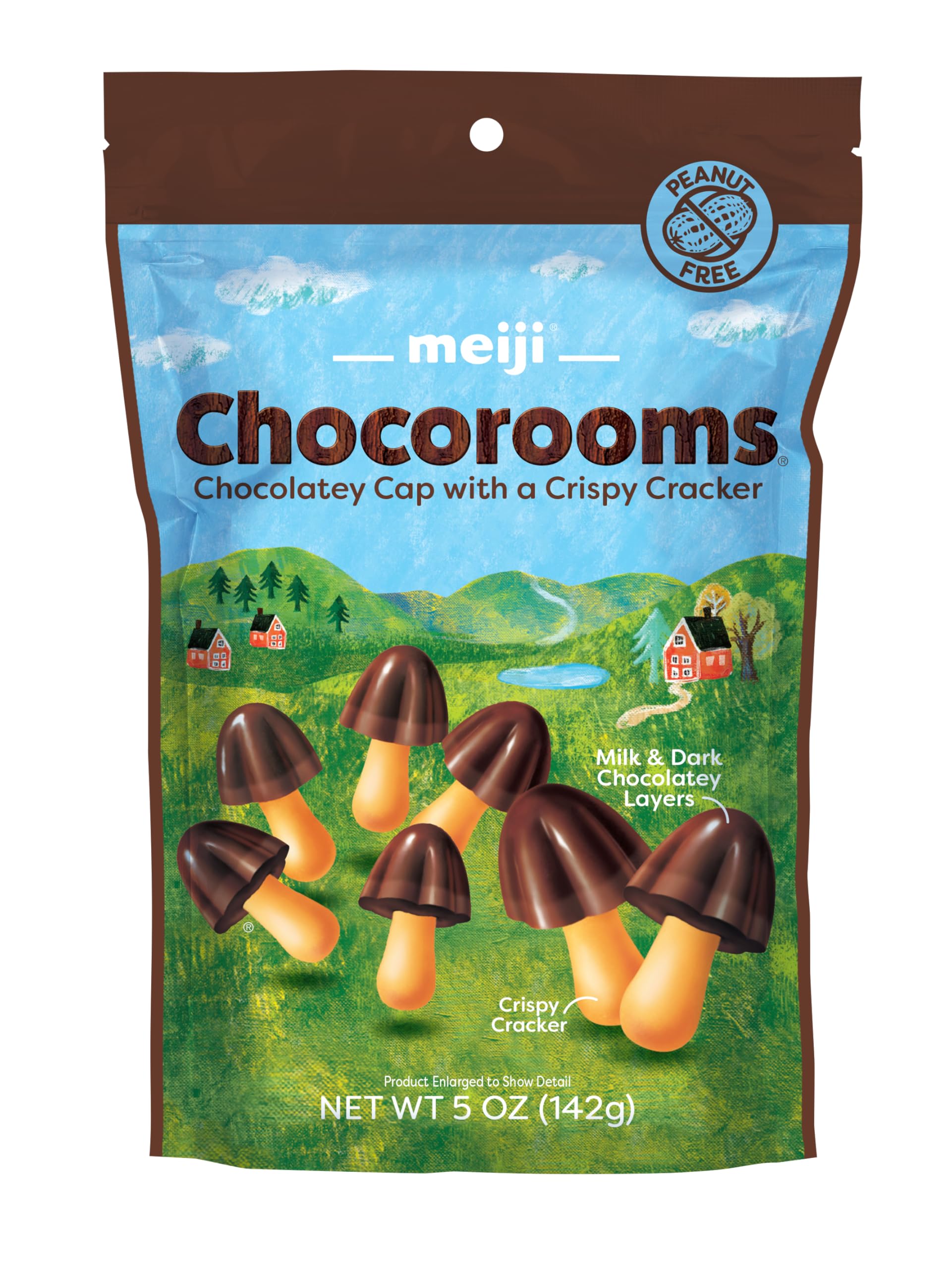 Meiji Chocorooms resealable pouches 12-pack shown for freshness