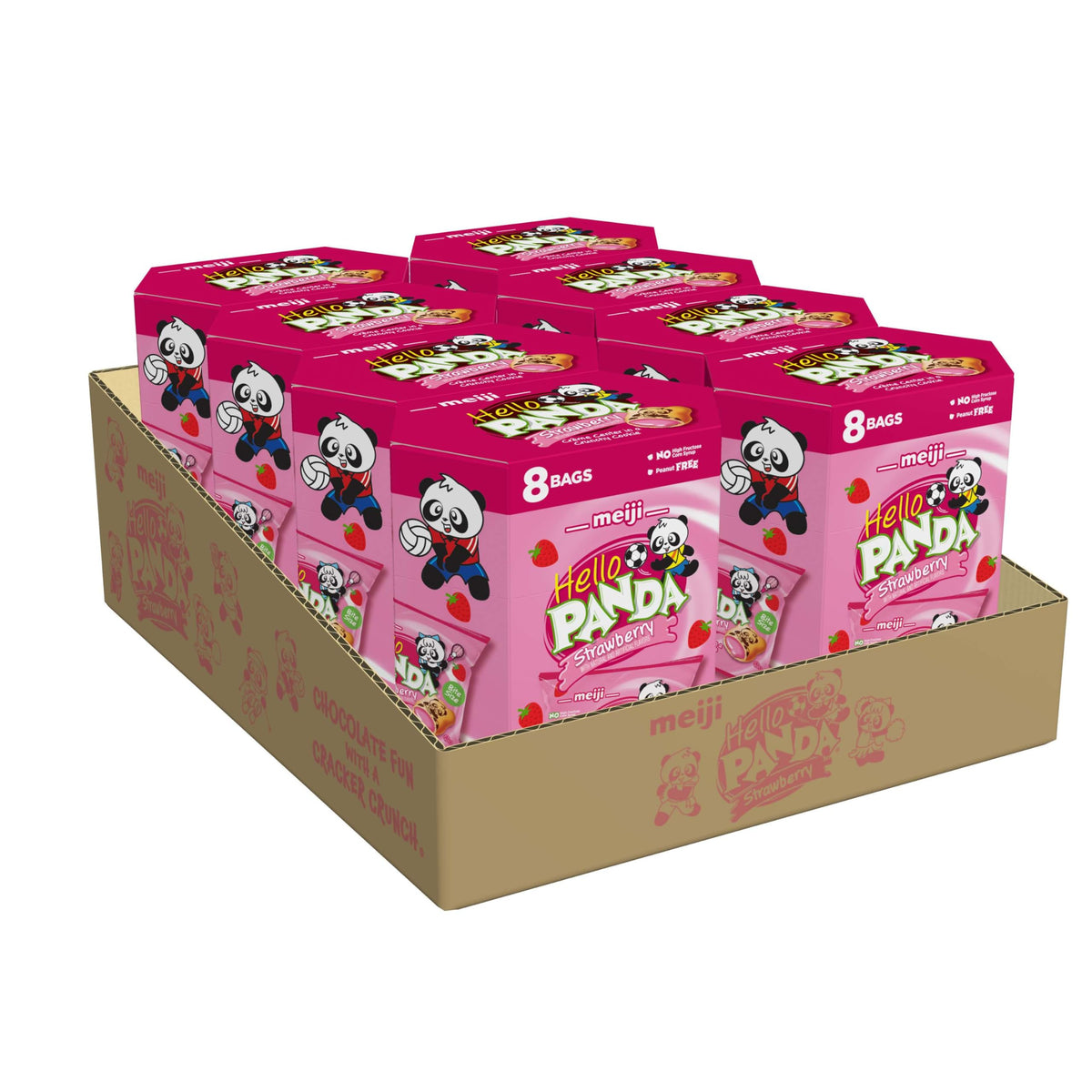 Meiji Hello Panda cookies with strawberry creme center, kid-friendly bite-sized snack.