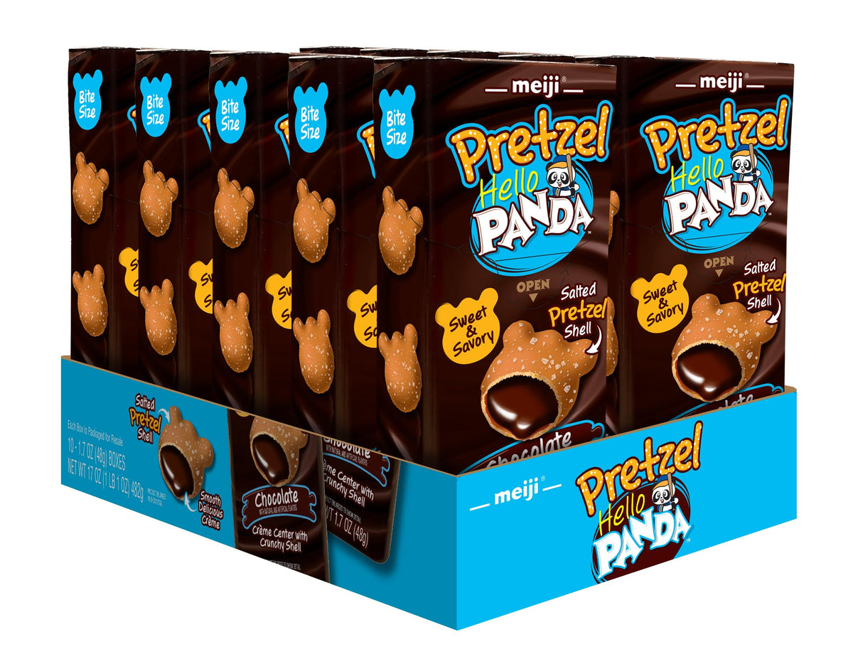 Meiji Hello Panda Pretzel Cookies with chocolate crème in pack, close-up showing creamy center.