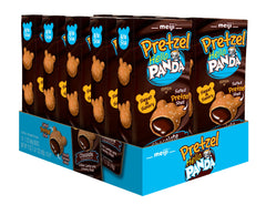 Meiji Hello Panda Pretzel Cookies with chocolate crème in pack, close-up showing creamy center.