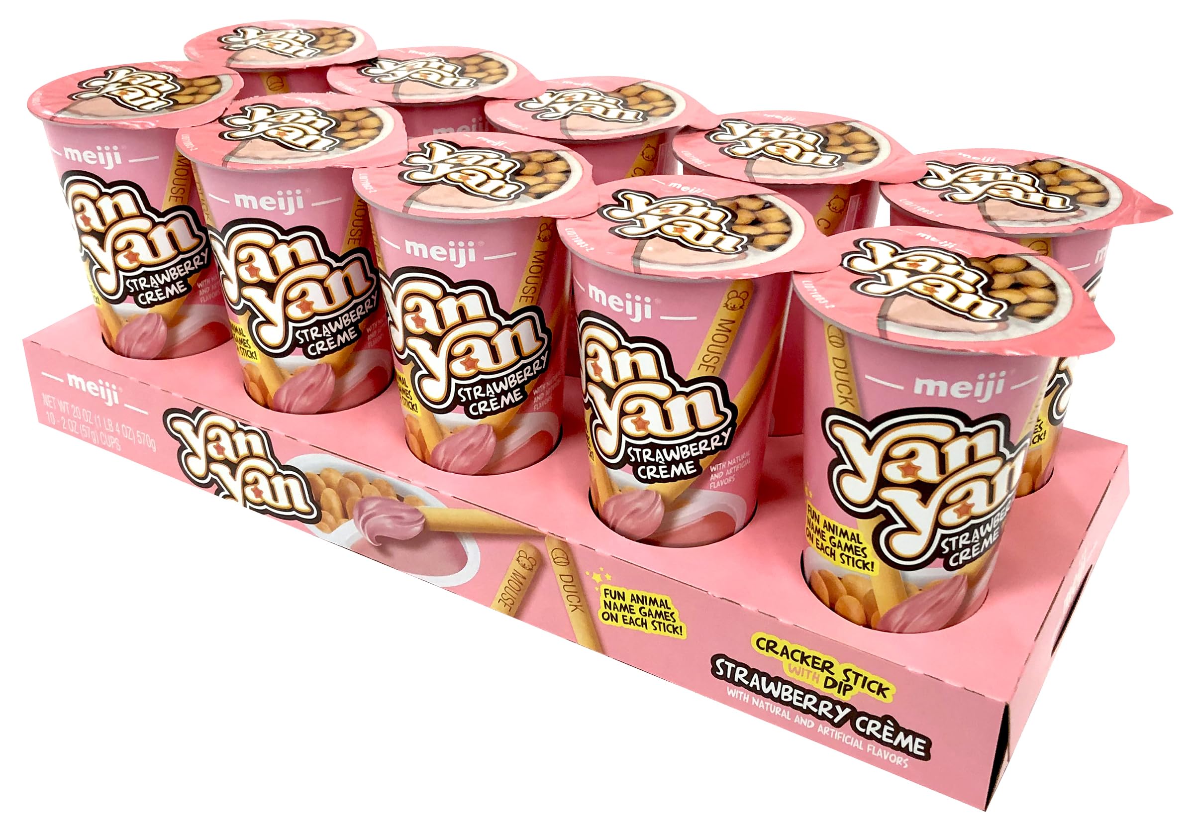 Meiji Yan Yan dipping sticks with strawberry crème for a tasty dipping experience.