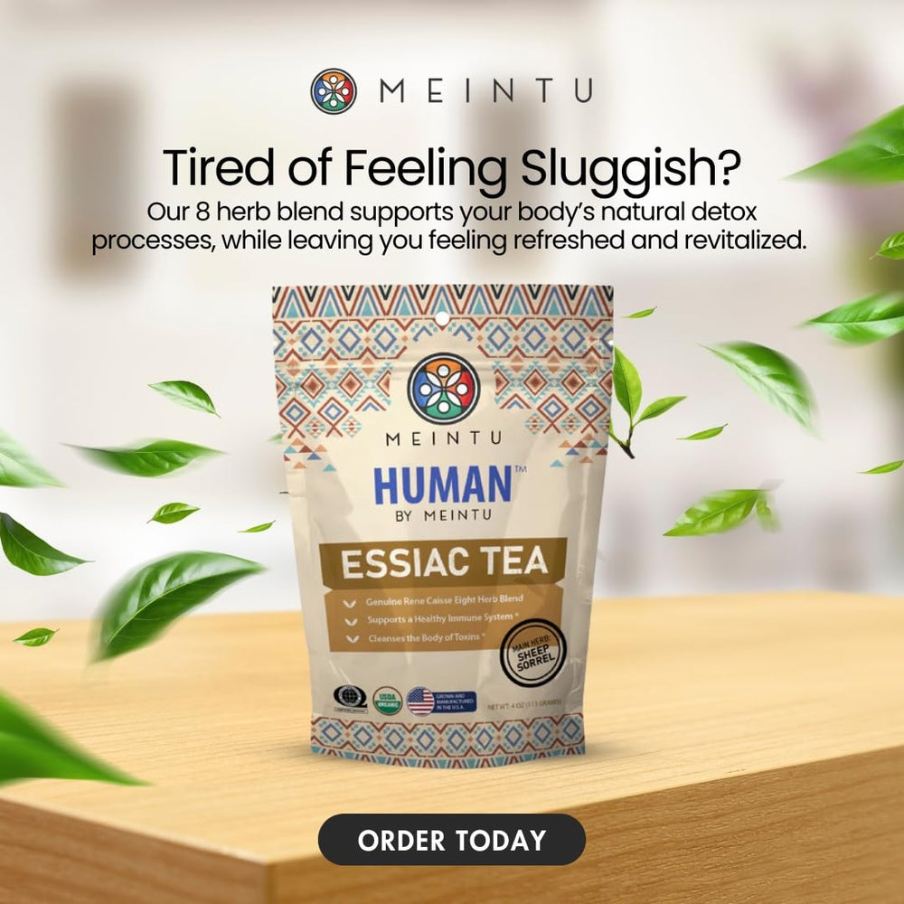 MEINTU Essiac Tea stand-up pouch emphasizing premium organic packaging