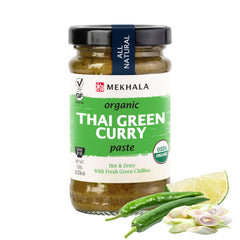 Mekhala Green Curry Paste jar front showing authentic flavor and organic quality