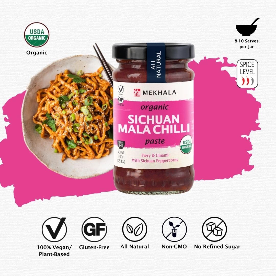 Mekhala Mala paste jar ready as a savory marinade for veggies.