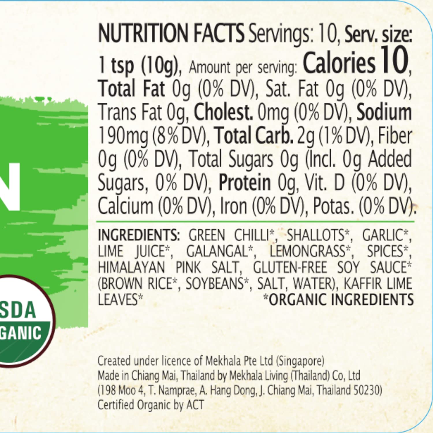Organic label closeup featuring Mekhala vegan and gluten-free attributes