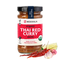 Mekhala Organic Thai Red Curry Paste jar showcasing authentic flavor base for quick meals