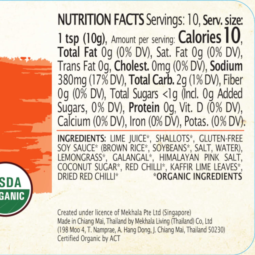 Mekhala Tom Yum paste label closeup showing organic, vegan, gluten-free ingredients