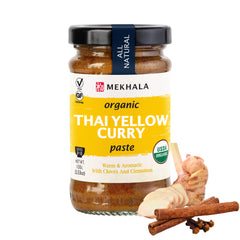 Mekhala Yellow Curry Paste jar ready to simmer into a rich curry.