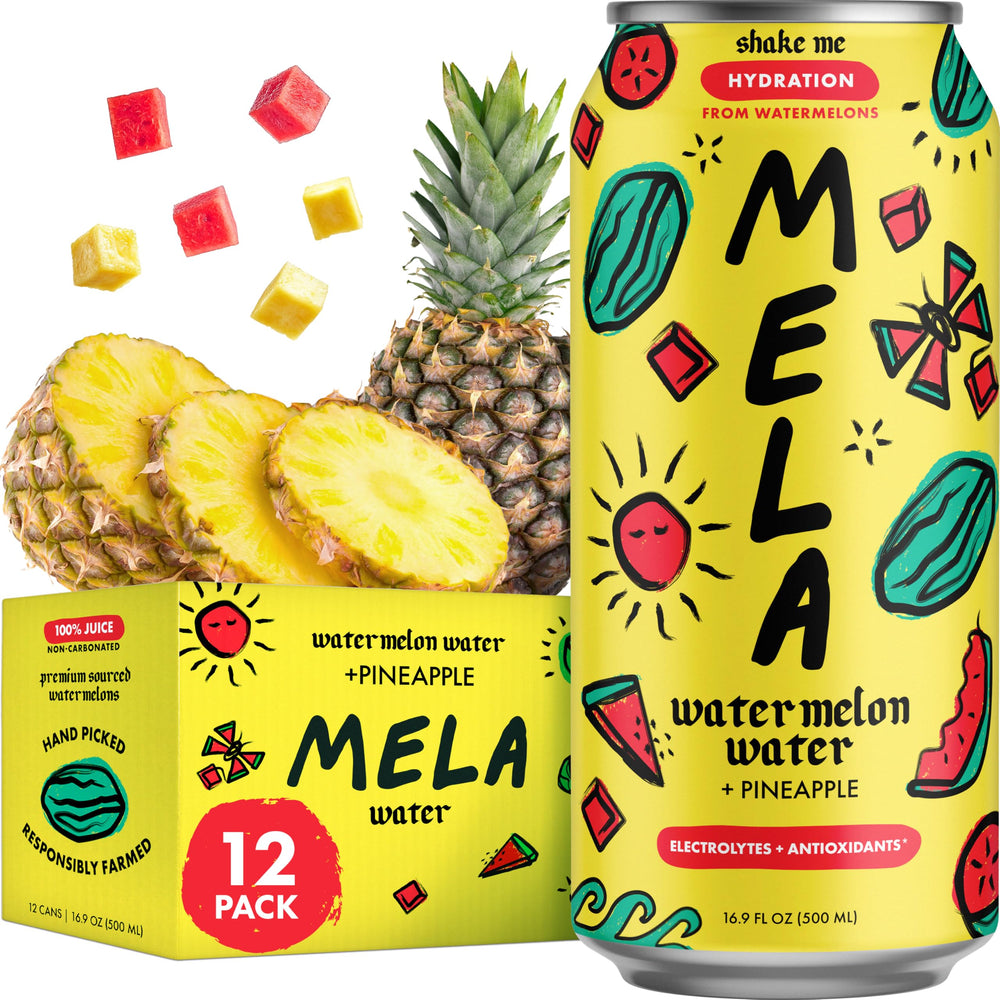 Mela Watermelon Water bottle with pineapple blend for refreshing hydration.