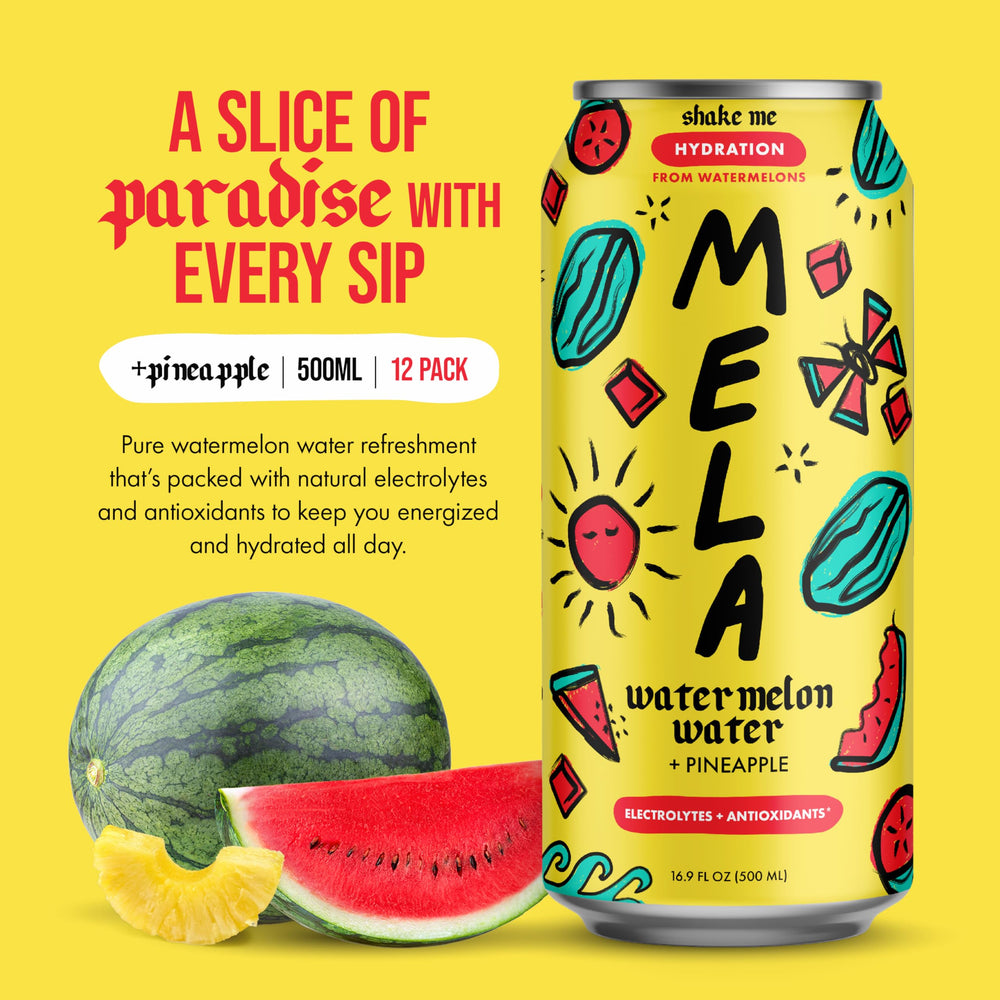 Mela Water ingredients close-up highlighting natural fruit vitamins and electrolytes.