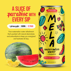 Mela Water ingredients close-up highlighting natural fruit vitamins and electrolytes.