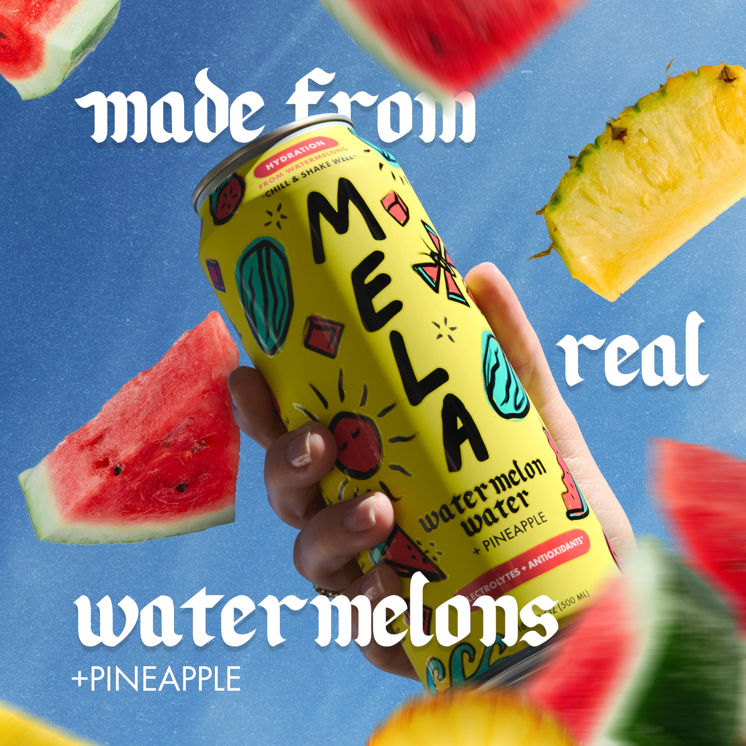 Mela Water non-GMO and gluten-free label close-up for clean hydration.