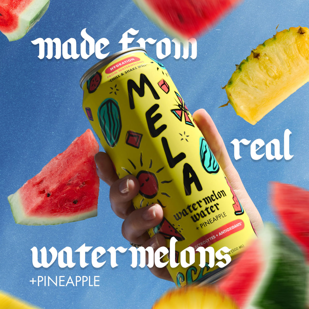 Mela Water non-GMO and gluten-free label close-up for clean hydration.