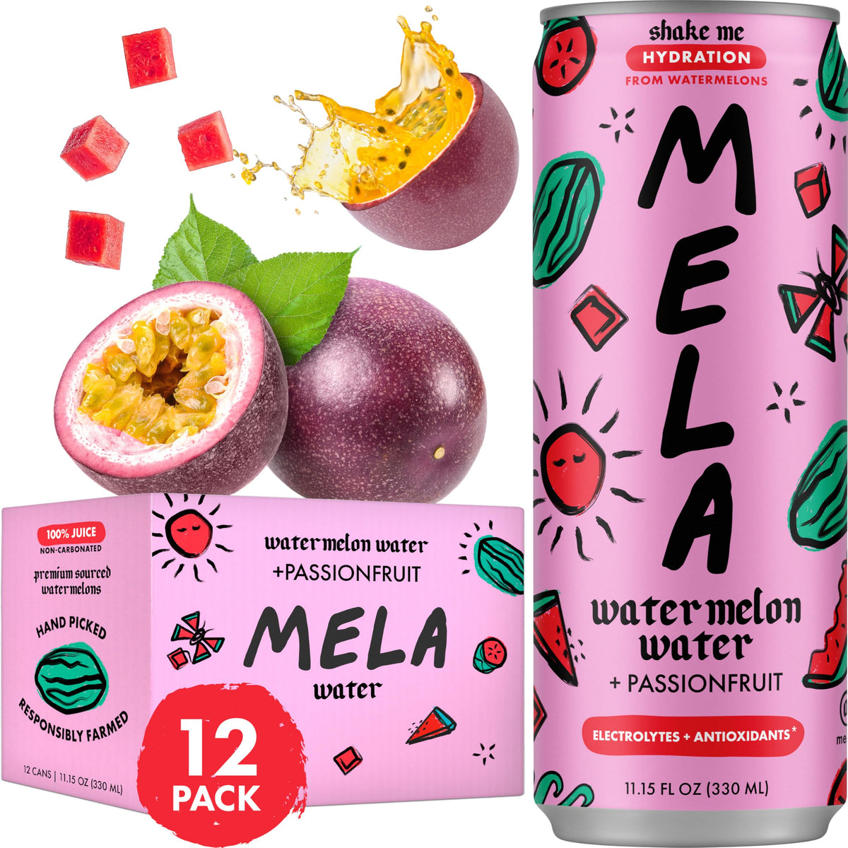 Mela Watermelon Water bottle front view for refreshing hydration on the go.