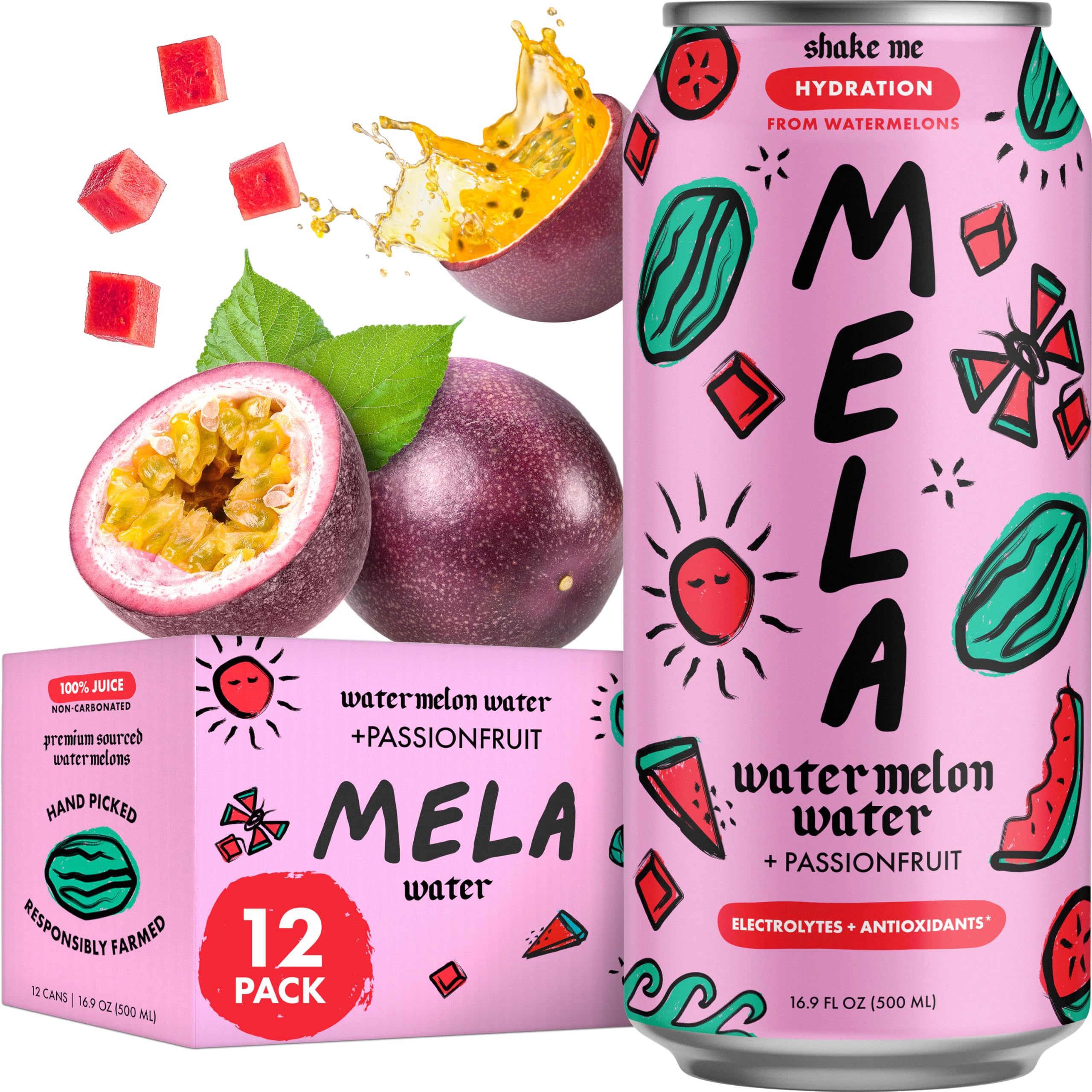 Mela Watermelon Water bottle front with natural ingredients for vitamin-rich hydration