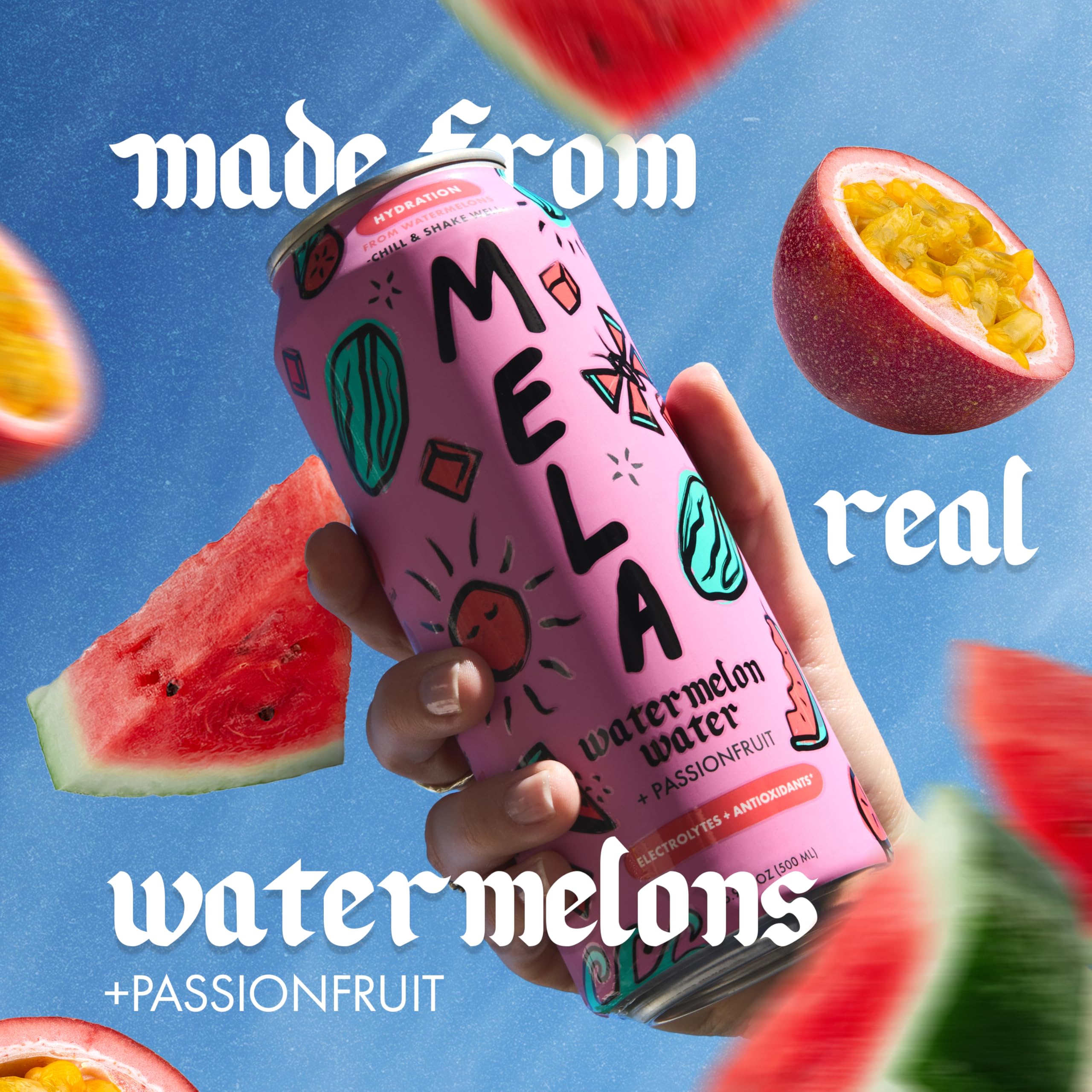 Mela Watermelon Water bottle top emphasizing recyclable packaging and clean ingredients