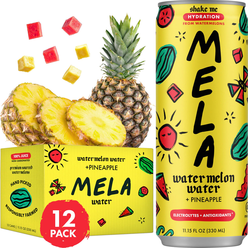 Mela Watermelon Water bottle showing refreshing hydration with real fruit juice.