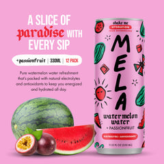 Close-up of Mela Watermelon Water highlighting real fruit juice texture.