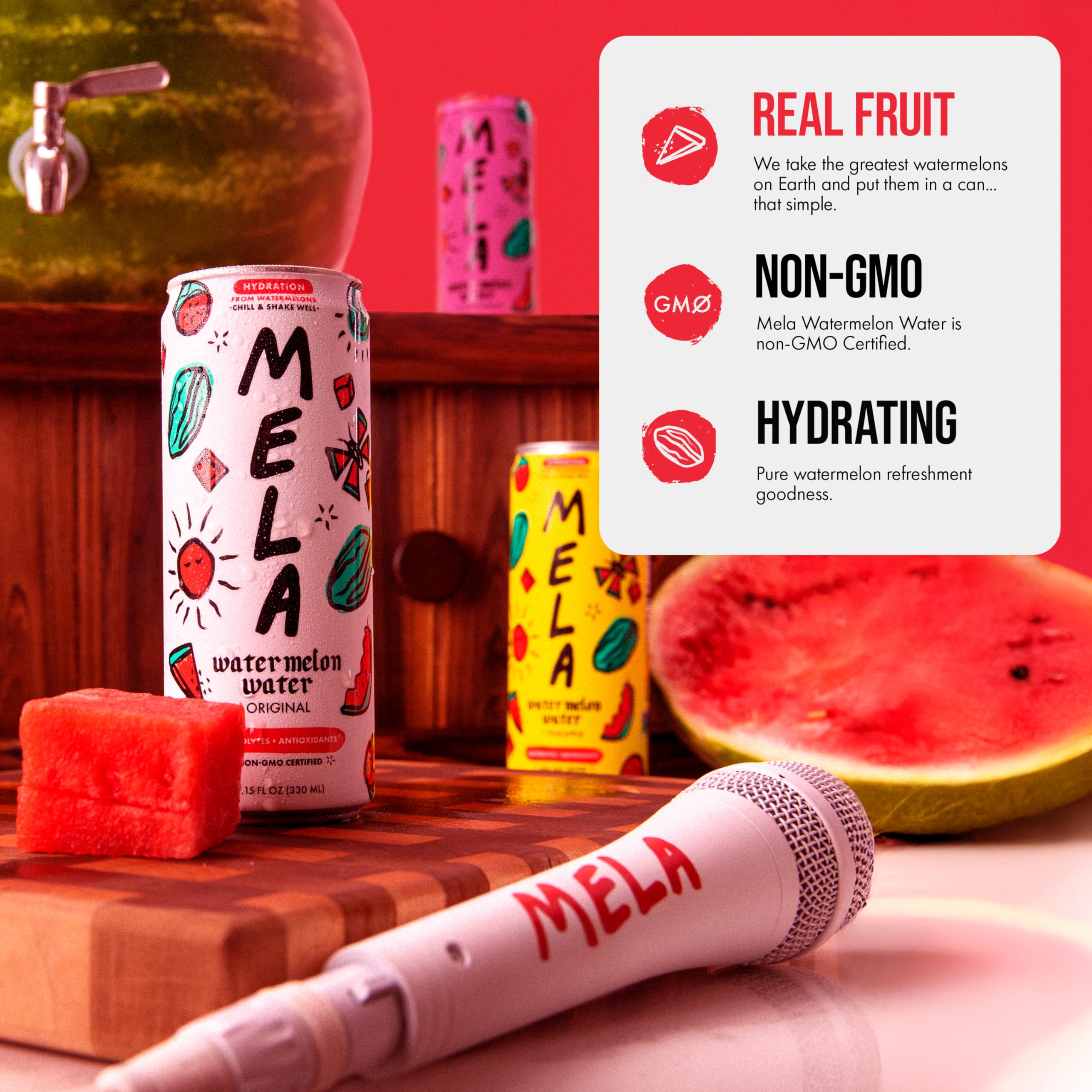 Mela Watermelon Water Ginger bottle with ice, an uplifting, spicy-sweet refreshment.