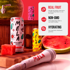 Mela Watermelon Water Ginger bottle with ice, an uplifting, spicy-sweet refreshment.