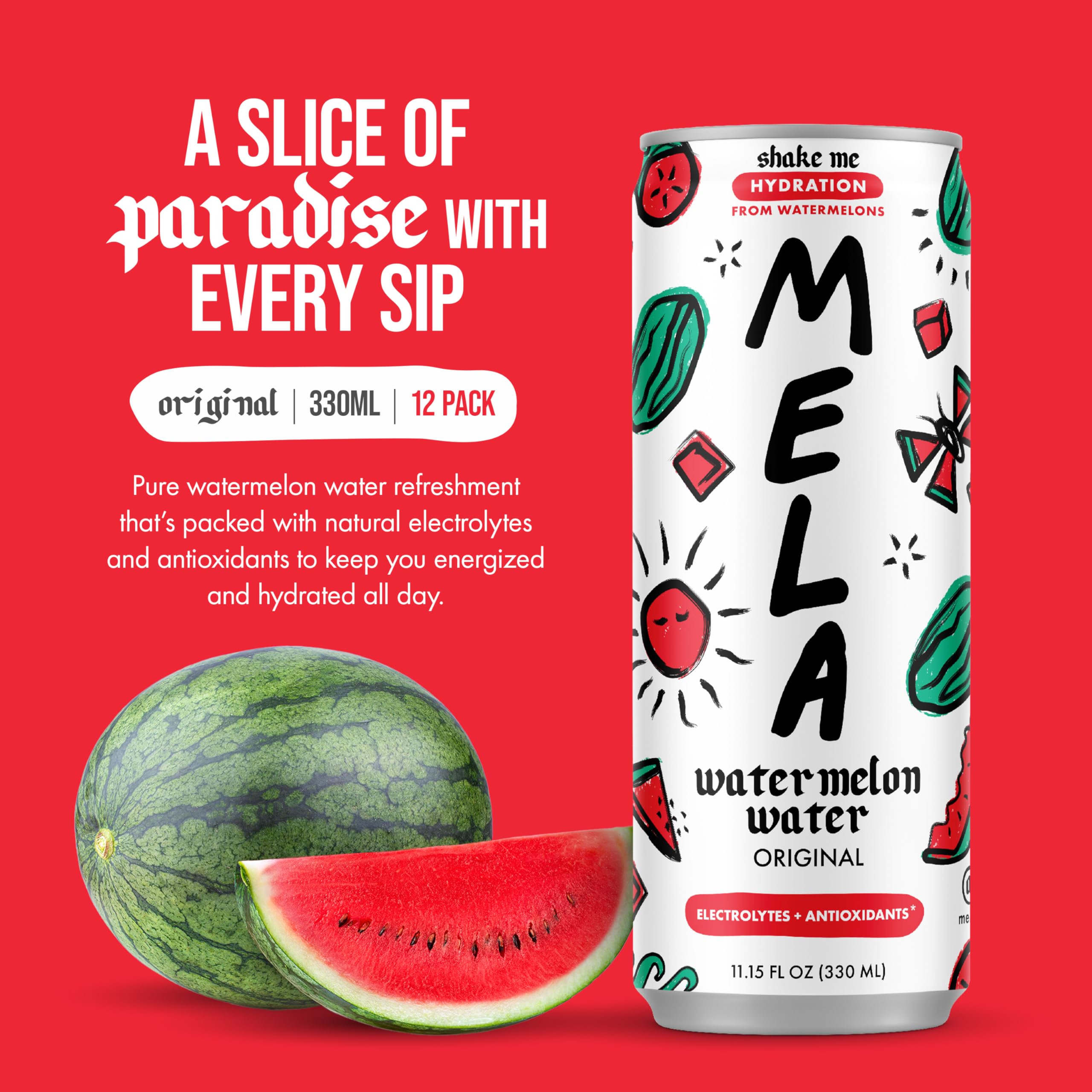 Mela Watermelon Water in a glass for on-the-go refreshment.