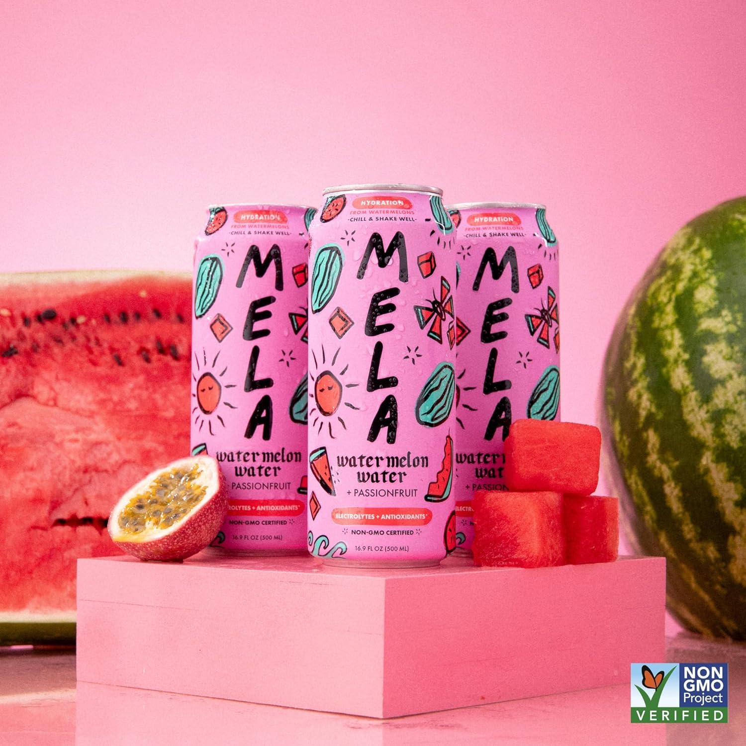Mela Watermelon Water ingredients panel showing 100% natural, gluten-free hydration