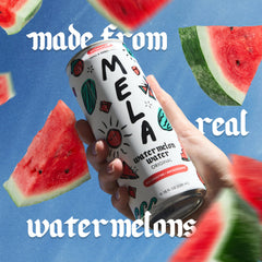 Mela Watermelon Water label close-up showing non-GMO and gluten-free notes.
