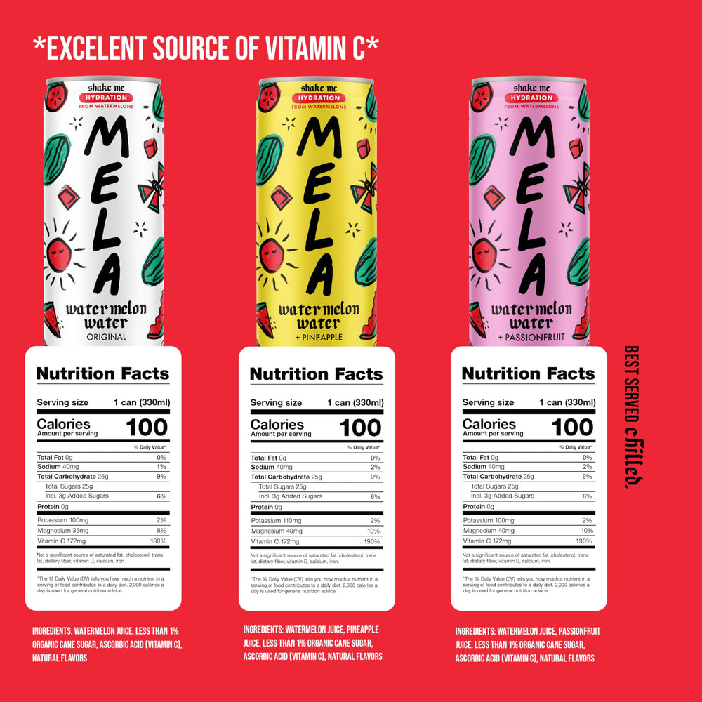 Mela Watermelon Water Passionfruit bottle close-up, a vibrant flavor for active moments.