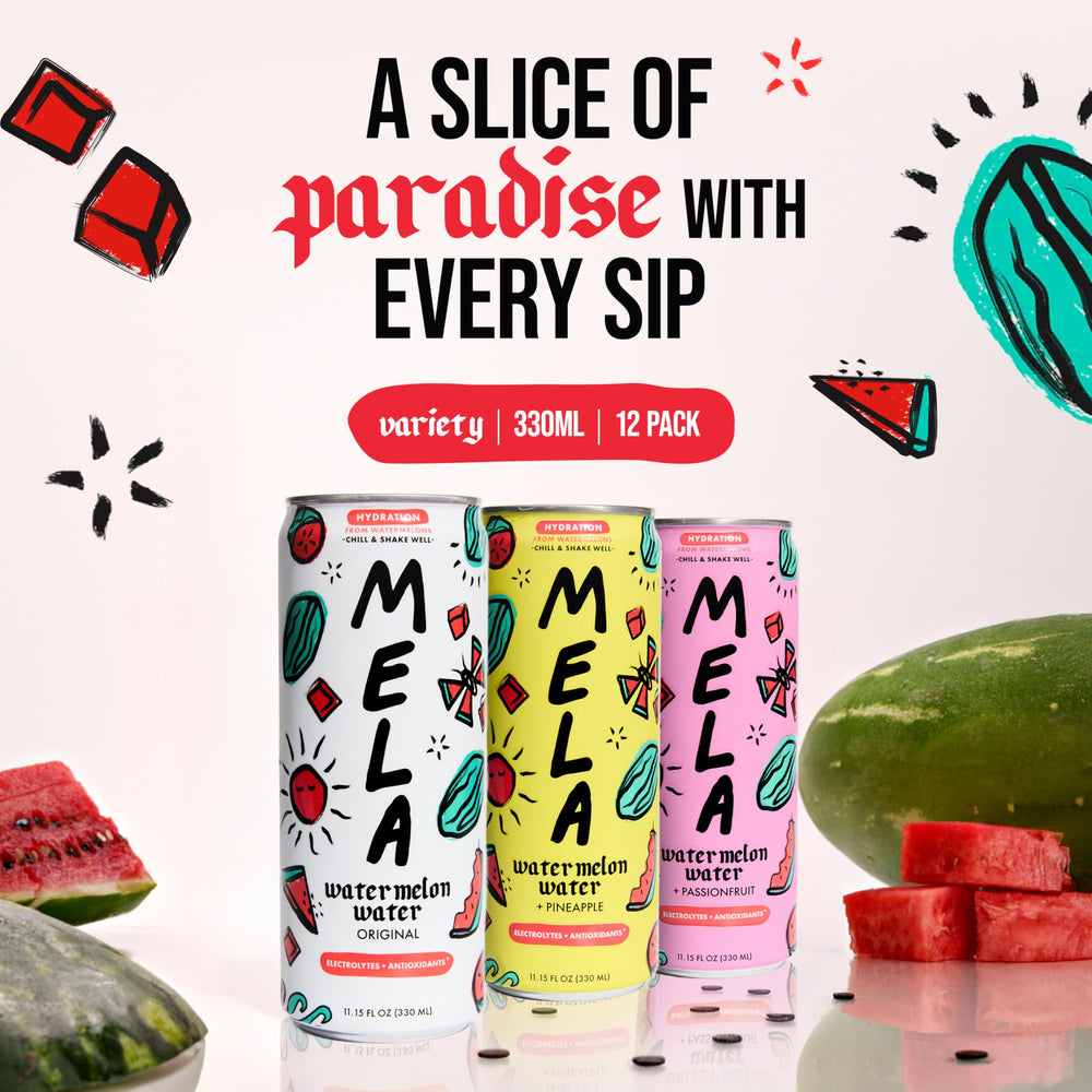 Mela Watermelon Water Pineapple bottle in outdoor setting, energizing taste during workouts.