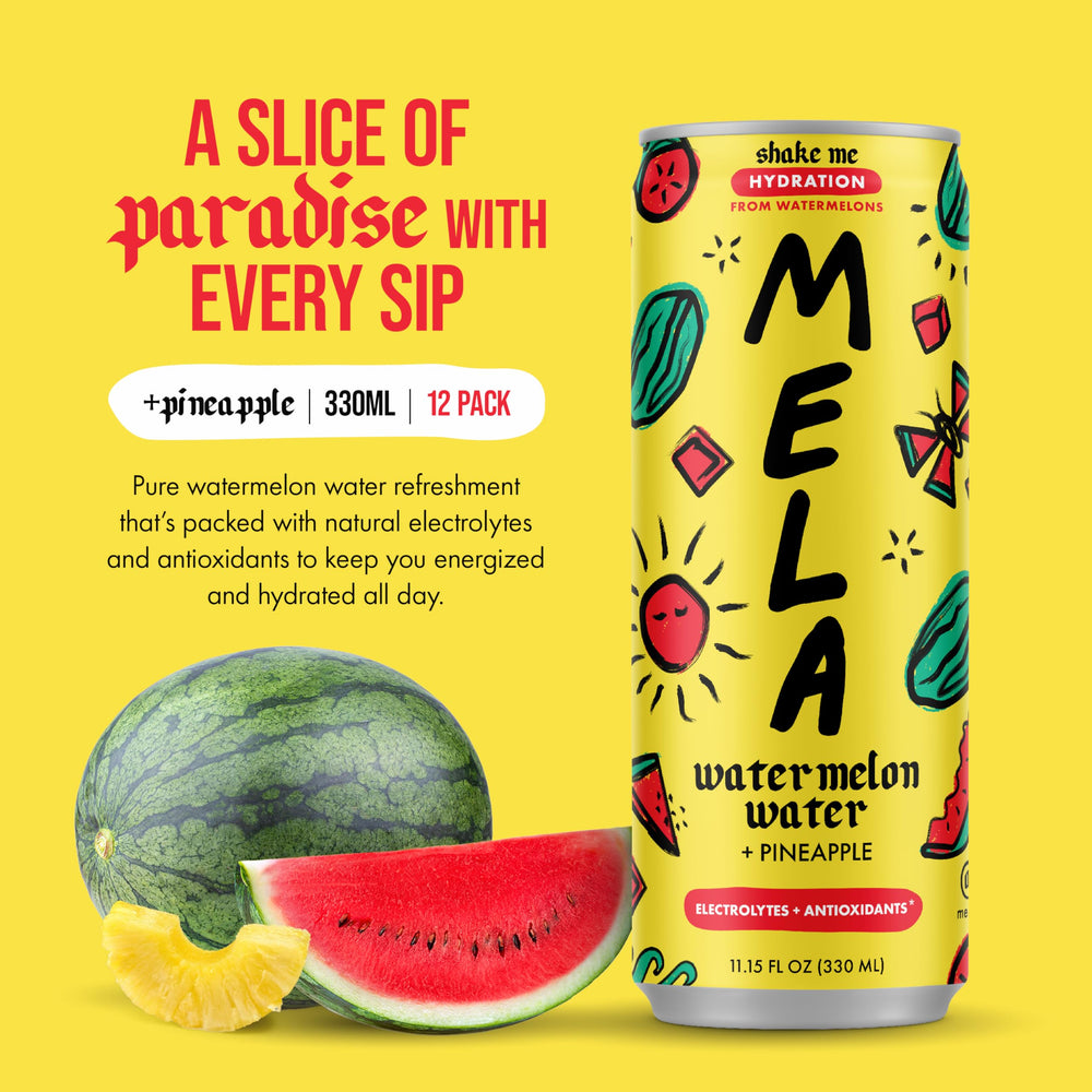 Mela Watermelon Water being poured into a glass for quick refreshment.
