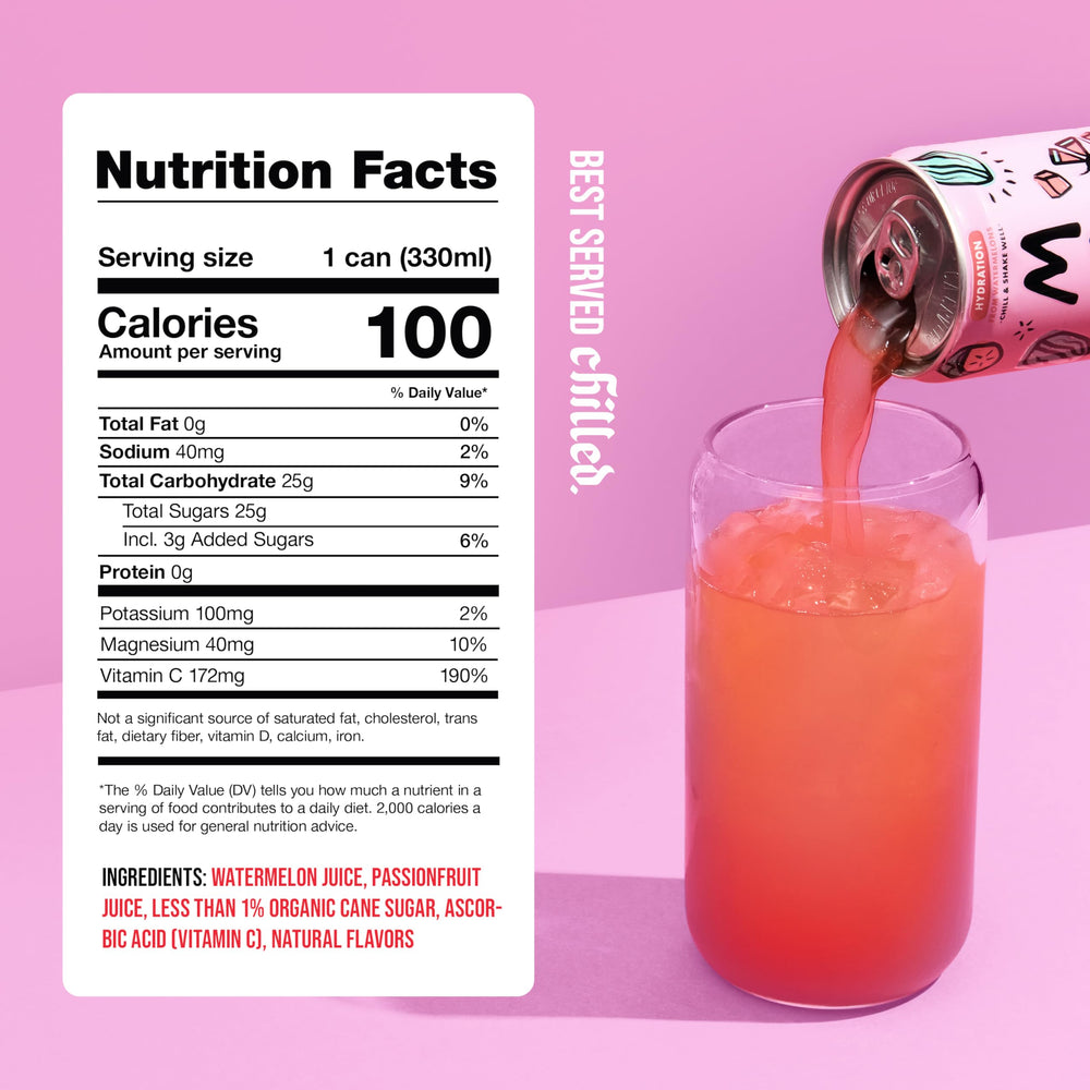 Mela Watermelon Water being poured into a glass to show tropical flavor.