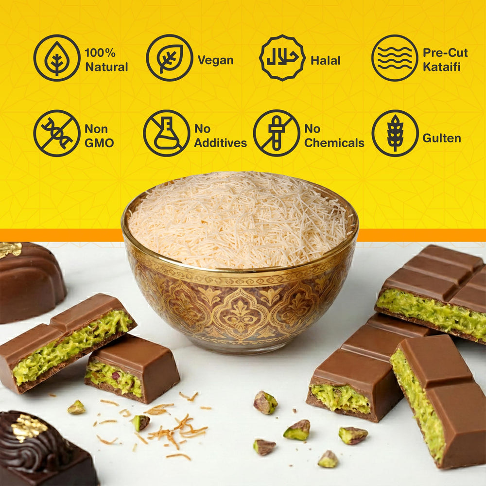 Melike kataifi with pistachio cream topping for luxurious Dubai chocolate bars.