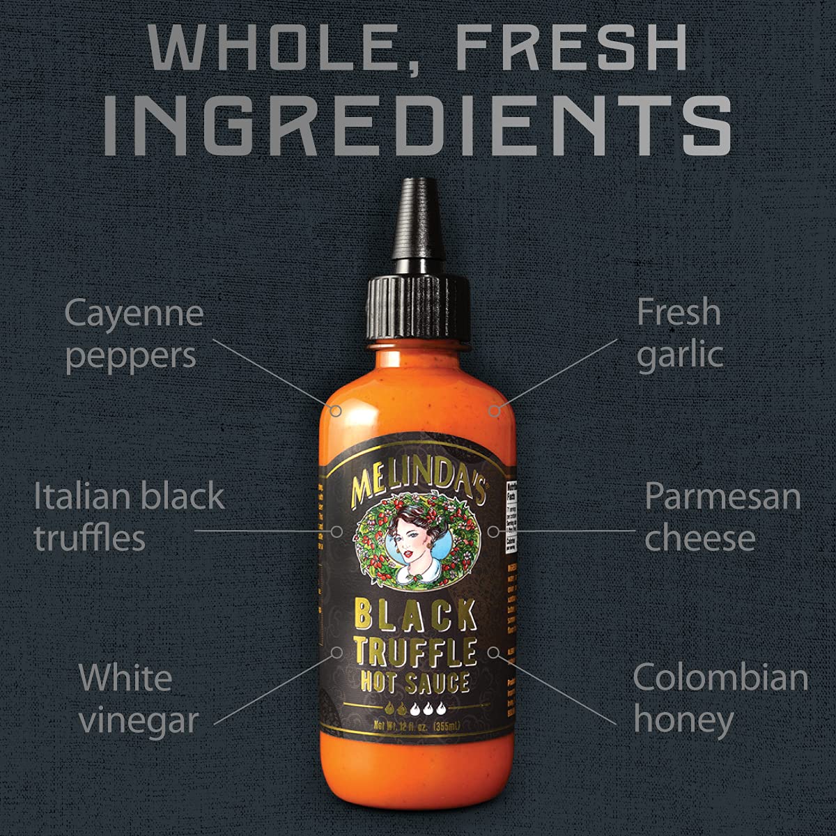 Melinda's Black Truffle Hot Sauce 12oz squeeze bottle ready to flavor