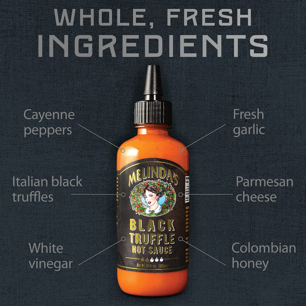 Melinda's Black Truffle Hot Sauce 12oz squeeze bottle ready to flavor