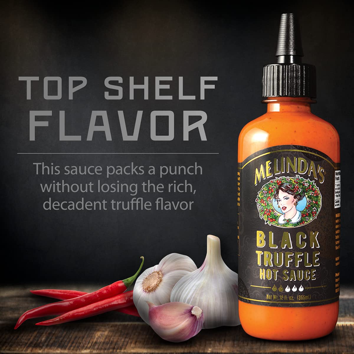 Melinda's Black Truffle Hot Sauce on a baked potato for creamy heat