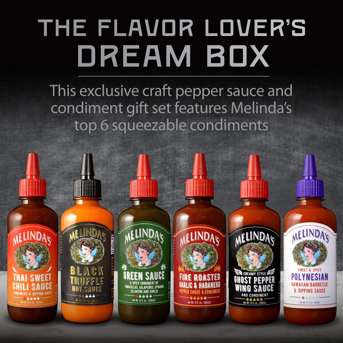 Melinda's Black Truffle Hot Sauce bottle, premium earthy heat for pasta or sandwiches.