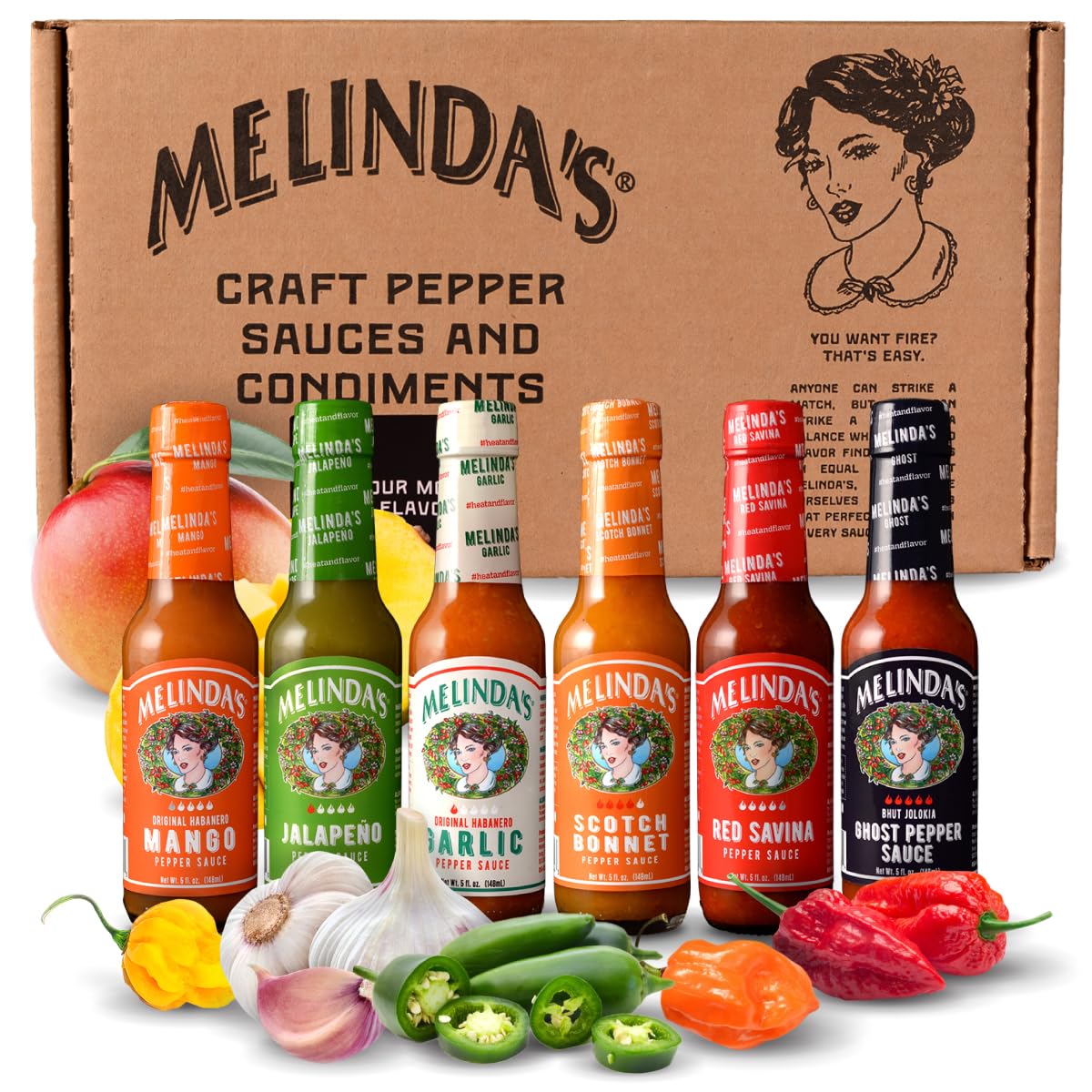 Melinda's Chef Fig heat and flavor collection packaging showcases six sauces for versatile cooking