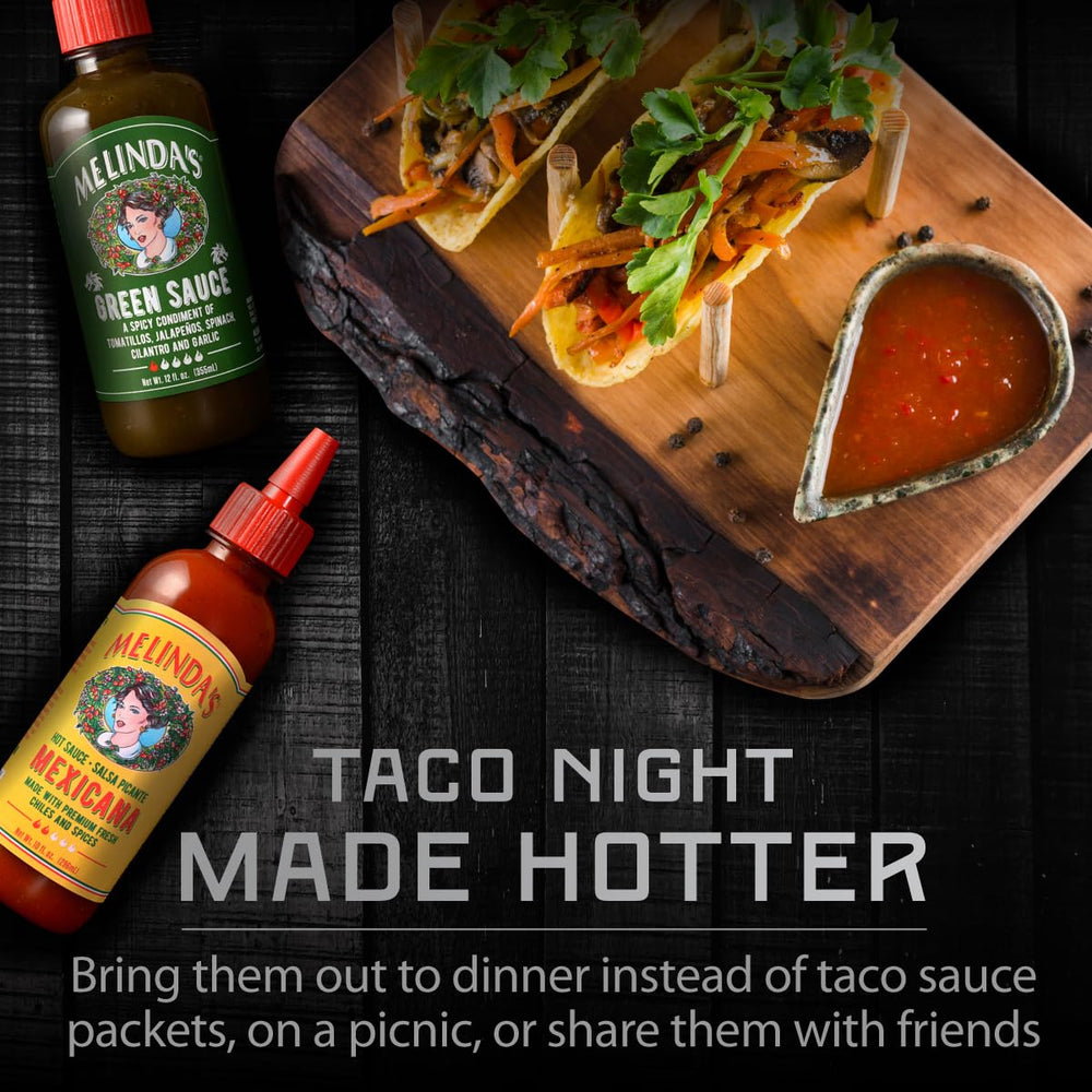 Melinda's Chipotle sauce bottle adds smoky depth to tacos