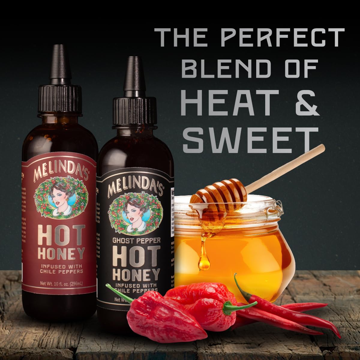 Melinda’s Classic Hot Honey 10oz bottle ready to drizzle over pizza for sweetness and heat.
